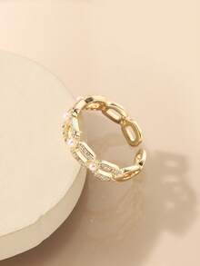 1pc Elegant Gold Plated Ring With Pearl & Cubic Zirconia For Women, Adjustable Size - Multicolor - View 2