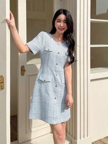 DAZY Flap Detail Button Front Tweed Dress - Blue - View 1