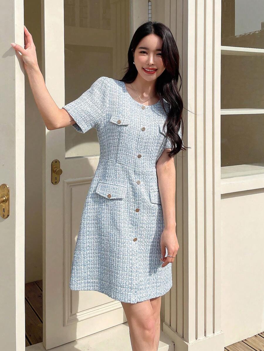 DAZY Flap Detail Button Front Tweed Dress - Blue - View 1