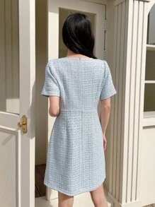 DAZY Flap Detail Button Front Tweed Dress - Blue - View 2