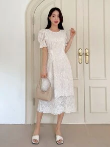 DAZY 素色泡泡袖蕾絲連衣裙 - 米色 - 查看 1