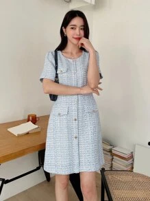 DAZY Flap Detail Button Front Tweed Dress - Blue - View 3