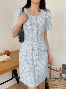 DAZY Flap Detail Button Front Tweed Dress - Blue - View 4