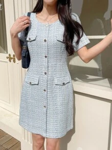 DAZY Flap Detail Button Front Tweed Dress - Blue - View 5
