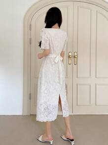 DAZY 素色泡泡袖蕾絲連衣裙 - 米色 - 查看 3