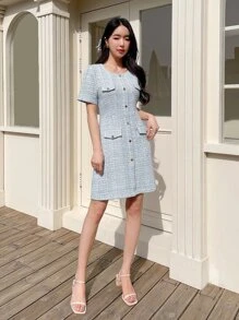 DAZY Flap Detail Button Front Tweed Dress - Blue - View 6