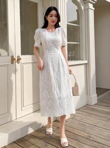 DAZY 素色泡泡袖蕾絲連衣裙 - 米色 - 查看 4