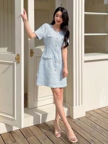 DAZY Flap Detail Button Front Tweed Dress - Blue - View 7