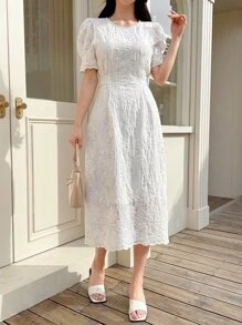 DAZY 素色泡泡袖蕾絲連衣裙 - 米色 - 查看 5