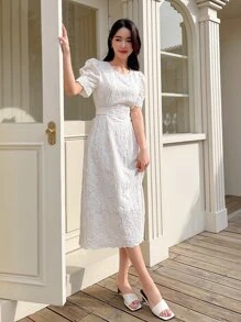 DAZY 素色泡泡袖蕾絲連衣裙 - 米色 - 查看 6