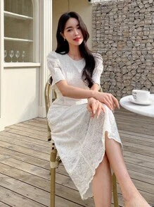 DAZY 素色泡泡袖蕾絲連衣裙 - 米色 - 查看 7