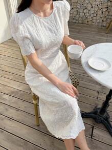 DAZY 素色泡泡袖蕾絲連衣裙 - 米色 - 查看 8