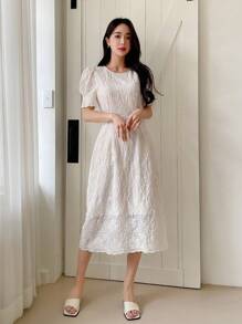 DAZY 素色泡泡袖蕾絲連衣裙 - 米色 - 查看 9