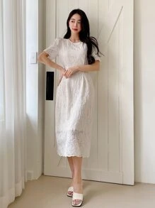 DAZY 素色泡泡袖蕾絲連衣裙 - 米色 - 查看 10