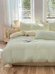 4pcs/set Letter Patch Decor Duvet Cover Set Without Filler - Green - View 1