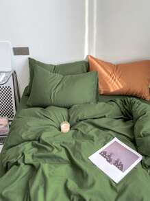 3pcs/set Solid Color Duvet Cover Set(1 Duvet Cover & 2 Pillowcase ), Modern Polyester Bedding Set For Home - Green - View 1