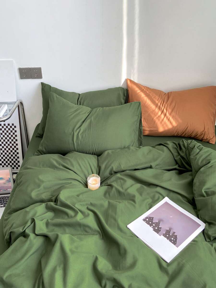 3pcs/set Solid Color Duvet Cover Set(1 Duvet Cover & 2 Pillowcase ), Modern Polyester Bedding Set For Home - Green - View 1