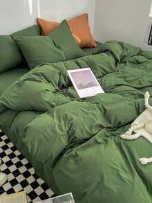 3pcs/set Solid Color Duvet Cover Set(1 Duvet Cover & 2 Pillowcase ), Modern Polyester Bedding Set For Home - Green - View 2