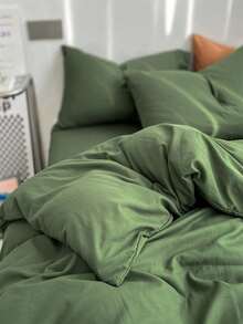 3pcs/set Solid Color Duvet Cover Set(1 Duvet Cover & 2 Pillowcase ), Modern Polyester Bedding Set For Home - Green - View 3