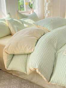 4pcs/set Letter Patch Decor Duvet Cover Set Without Filler - Green - View 5