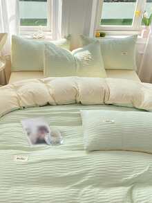 4pcs/set Letter Patch Decor Duvet Cover Set Without Filler - Green - View 6