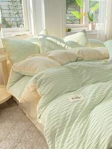 4pcs/set Letter Patch Decor Duvet Cover Set Without Filler - Green - View 7