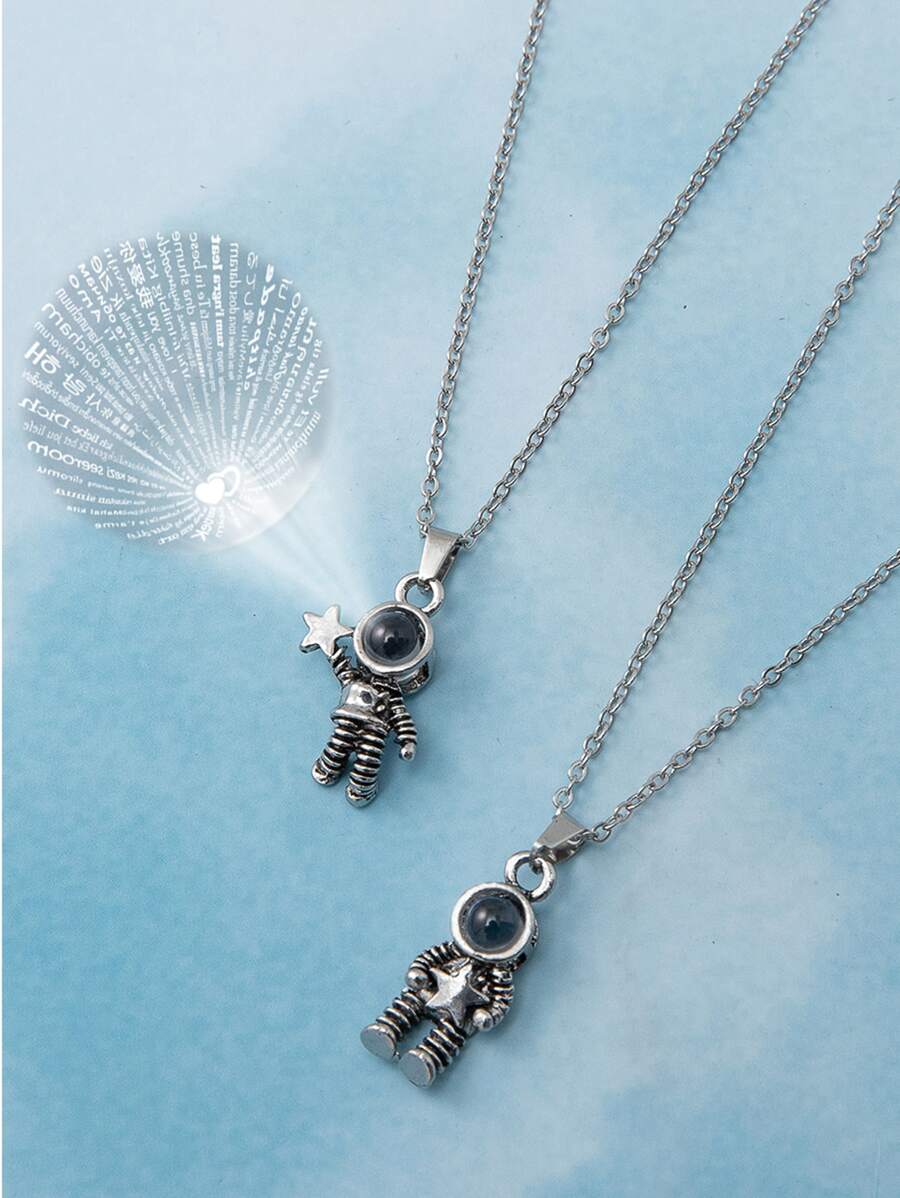 2入組太空人設計投影珠鑲嵌不鏽鋼項鏈情侶款 - 銀色 - 查看 1