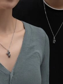 2入組太空人設計投影珠鑲嵌不鏽鋼項鏈情侶款 - 銀色 - 查看 2