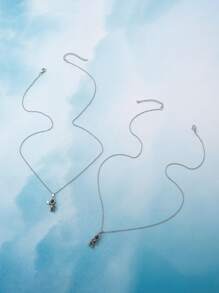 2入組太空人設計投影珠鑲嵌不鏽鋼項鏈情侶款 - 銀色 - 查看 3