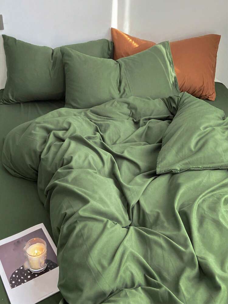 3入組套素色被套1入組被套和2入組枕套現代滌綸家居床上用品套裝 - 綠色 - 查看 7