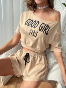 字母圖案落肩袖前打結休閒服套裝 - 卡其色 - 查看 3