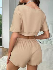 字母圖案落肩袖前打結休閒服套裝 - 卡其色 - 查看 2