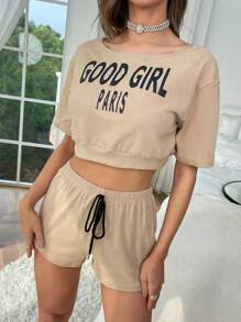 字母圖案落肩袖前打結休閒服套裝 - 卡其色 - 查看 4