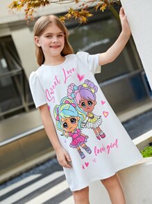 SHEIN Leap Crew Cô gái Tween Dệt kim Màu thuần Lỏng lẻo phù hợp Đầm giản dị Với Dễ thương Đồ họa , Tròn Đường viền cổ áo Và Tay áo phồng - trắng - Xem 3