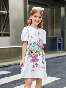 SHEIN Leap Crew Cô gái Tween Dệt kim Màu thuần Lỏng lẻo phù hợp Đầm giản dị Với Dễ thương Đồ họa , Tròn Đường viền cổ áo Và Tay áo phồng - trắng - Xem 4