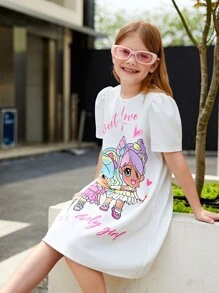 SHEIN Leap Crew Cô gái Tween Dệt kim Màu thuần Lỏng lẻo phù hợp Đầm giản dị Với Dễ thương Đồ họa , Tròn Đường viền cổ áo Và Tay áo phồng - trắng - Xem 5
