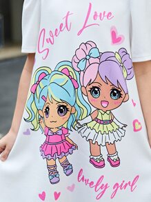 SHEIN Leap Crew Cô gái Tween Dệt kim Màu thuần Lỏng lẻo phù hợp Đầm giản dị Với Dễ thương Đồ họa , Tròn Đường viền cổ áo Và Tay áo phồng - trắng - Xem 6