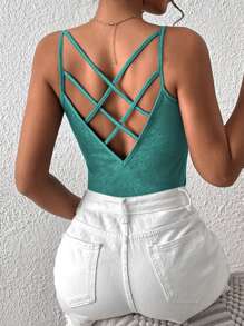 SHEIN Frenchy 素色後背十字交叉吊帶上衣 - 水鴨藍 - 查看 1