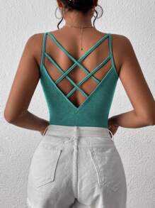 SHEIN Frenchy 素色後背十字交叉吊帶上衣 - 水鴨藍 - 查看 2