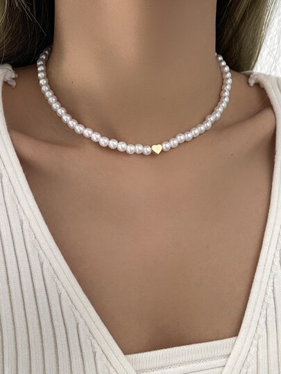 Herz Dekoriert Faux Perle Perlen Halskette