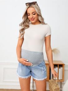 SHEIN Maternity Wideband Waist Ripped Raw Hem Denim Shorts - Multicolor - View 1