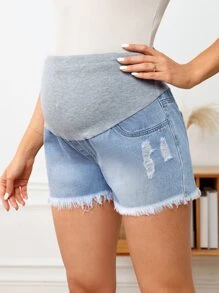 SHEIN Maternity Wideband Waist Ripped Raw Hem Denim Shorts - Multicolor - View 2