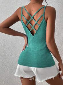 SHEIN Frenchy 素色後背十字交叉吊帶上衣 - 水鴨藍 - 查看 6