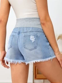 SHEIN Maternity Wideband Waist Ripped Raw Hem Denim Shorts - Multicolor - View 3