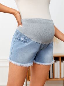 SHEIN Maternity Wideband Waist Ripped Raw Hem Denim Shorts - Multicolor - View 4