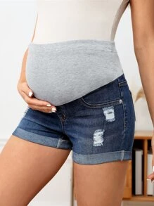 SHEIN Maternity Wideband Waist Ripped Roll Hem Denim Shorts