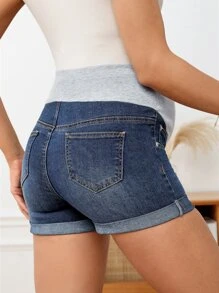SHEIN Maternity Wideband Waist Ripped Roll Hem Denim Shorts