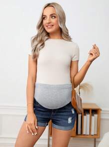 SHEIN Maternity Wideband Waist Ripped Roll Hem Denim Shorts