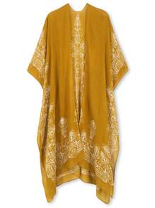 Graphic Print Kimono, For Summer Beach Vacation - Mustard Yellow - View 1