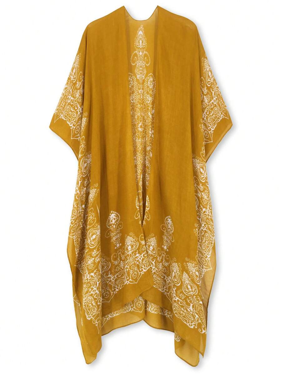 Graphic Print Kimono, For Summer Beach Vacation - Mustard Yellow - View 1